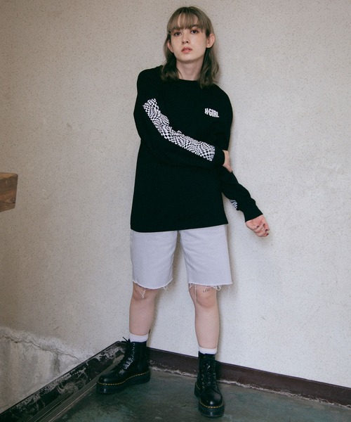 X-girl(エックスガール)の「CHECKERED SLEEVE PRINT L/S TEE(Tシャツ/カットソー・レディース・ブラック/オレンジ/ホワイト・L/M/S/XL)」の18枚目の写真
