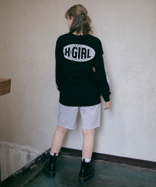 X-girl(エックスガール)の「CHECKERED SLEEVE PRINT L/S TEE(Tシャツ/カットソー・レディース・ブラック/オレンジ/ホワイト・L/M/S/XL)」の20枚目の写真