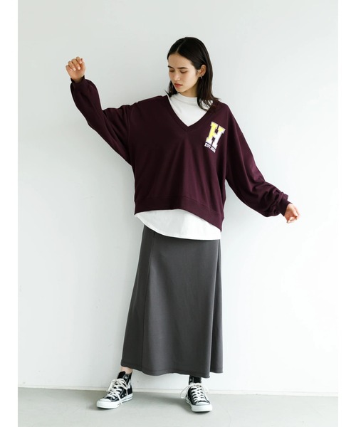 koe（コエ）の「ＳＥＴミニ裏毛Ｖネックトレーナー＆ロングＴシャツ*（Tシャツ/カットソー・レディース・ブラック/ベージュ/ボルドー/杢グレー・FREE）」の18枚目の写真