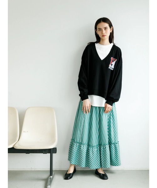 koe（コエ）の「ＳＥＴミニ裏毛Ｖネックトレーナー＆ロングＴシャツ*（Tシャツ/カットソー・レディース・ブラック/ベージュ/ボルドー/杢グレー・FREE）」の9枚目の写真