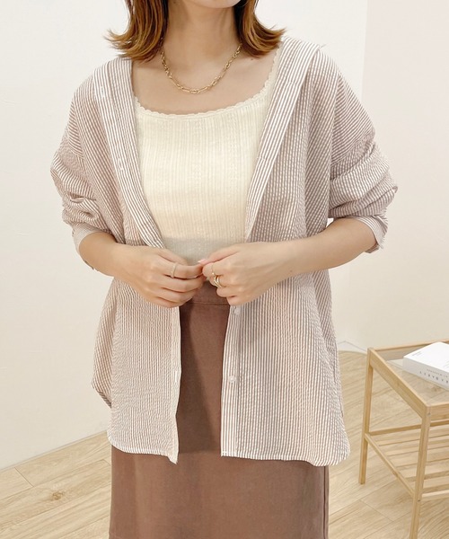 apres jour clair（アプレジュールクレア）の「【apres jour clair】ストライプシャツ【ZOZOTOWN限定アイテム】（シャツ/ブラウス・レディース・ライトイエロー/ミント/ベージュ/ネイビー・X-LARGE/フリー）」の2枚目の写真