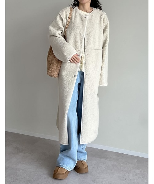 低身長サイズ有]ダブルフェイスボアフェイクムートンノーカラーコート