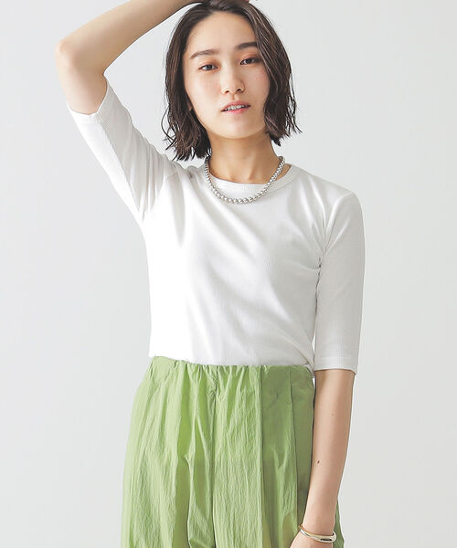 BEAMS LIGHTS(ビームスライツ)の「BEAMS LIGHTS / テレコ リブ ハーフスリーブ Tシャツ(Tシャツ/カットソー・レディース・ホワイト/ブラック/サックスブルー・ONE SIZE)」の2枚目の写真