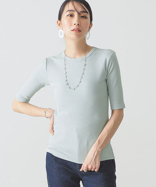 BEAMS LIGHTS(ビームスライツ)の「BEAMS LIGHTS / テレコ リブ ハーフスリーブ Tシャツ(Tシャツ/カットソー・レディース・ホワイト/ブラック/サックスブルー・ONE SIZE)」の1枚目の写真