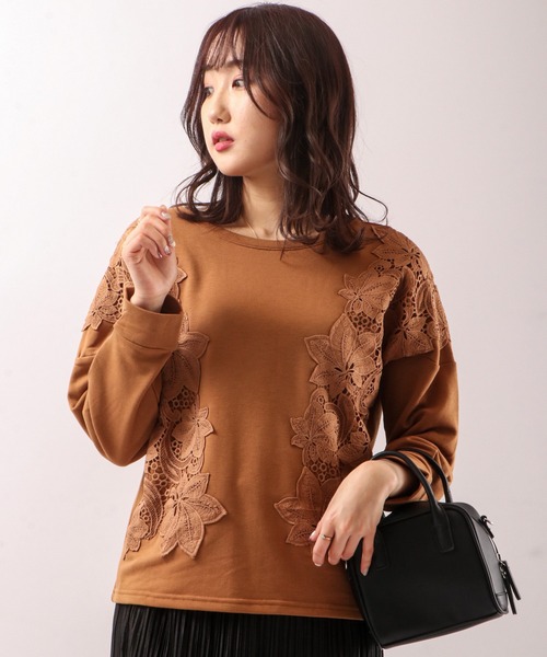 Anna Nicola(アンナニコラ)の「Anna Nicola 裏起毛レースプルオーバー(Tシャツ/カットソー・レディース・プラム/キャメル/ブラック・38)」の3枚目の写真