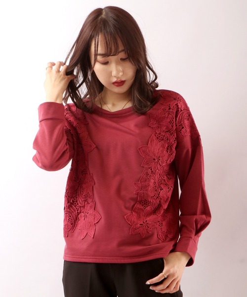Anna Nicola(アンナニコラ)の「Anna Nicola 裏起毛レースプルオーバー(Tシャツ/カットソー・レディース・プラム/キャメル/ブラック・38)」の1枚目の写真