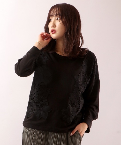Anna Nicola(アンナニコラ)の「Anna Nicola 裏起毛レースプルオーバー(Tシャツ/カットソー・レディース・プラム/キャメル/ブラック・38)」の2枚目の写真