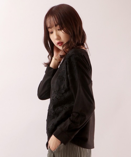 Anna Nicola(アンナニコラ)の「Anna Nicola 裏起毛レースプルオーバー(Tシャツ/カットソー・レディース・プラム/キャメル/ブラック・38)」の6枚目の写真