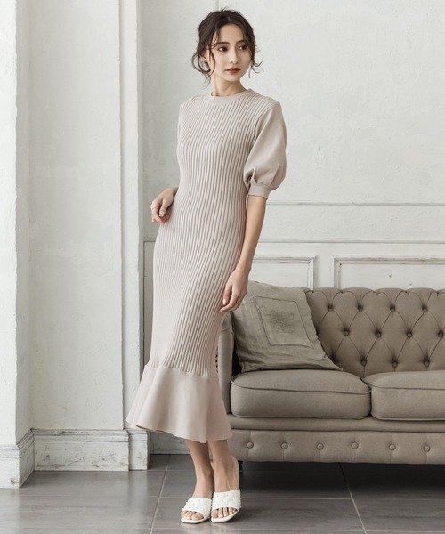 Julia Boutique（ジュリアブティック）の「ロング丈・バルーン五分袖マーメイドニットワンピース/22000（ワンピース・レディース・アイボリー/ミント/ベージュ/ブラック/グレイッシュベージュ/ピンク・LONG）」の4枚目の写真