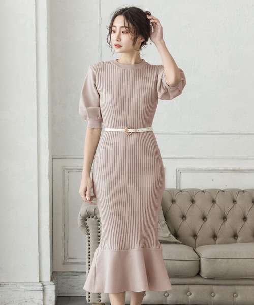 Julia Boutique（ジュリアブティック）の「ロング丈・バルーン五分袖マーメイドニットワンピース/22000（ワンピース・レディース・アイボリー/ミント/ベージュ/ブラック/グレイッシュベージュ/ピンク・LONG）」の10枚目の写真
