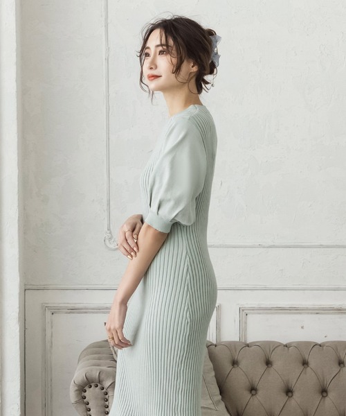 Julia Boutique（ジュリアブティック）の「ロング丈・バルーン五分袖マーメイドニットワンピース/22000（ワンピース・レディース・アイボリー/ミント/ベージュ/ブラック/グレイッシュベージュ/ピンク・LONG）」の14枚目の写真