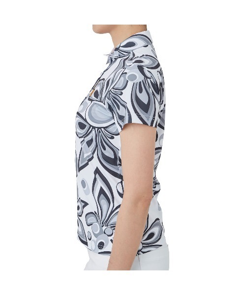 Loudmouth(ラウドマウス)の「LOUDMOUTH/ラウドマウス ゴルフウェア 総柄 シャガデリック 吸汗速乾 UVカット 接触冷感 ボタンダウン 半袖 ポロシャツ(シャツ/ブラウス・レディース・ピンク/ターコイズブルー/イエロー/ホワイト・M/L/S)」の6枚目の写真
