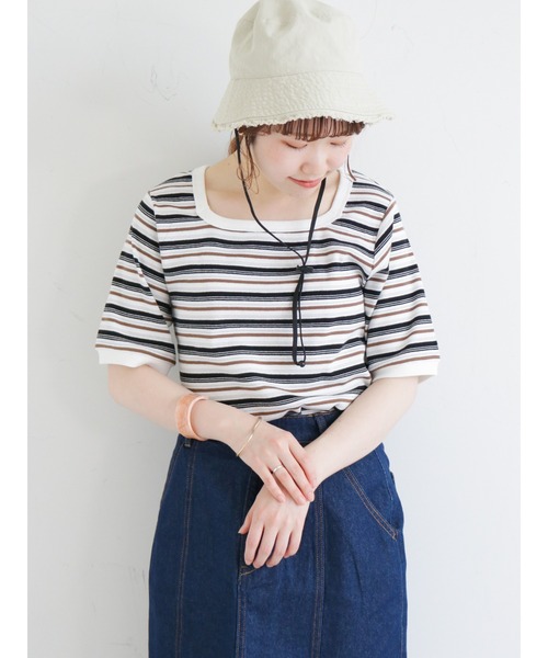 ehka sopo（エヘカソポ）の「マルチボーダースクエアネックカットソー（Tシャツ/カットソー・レディース・グリーン/オフホワイト/グレー/ブラウン・ﾌﾘ-）」の2枚目の写真