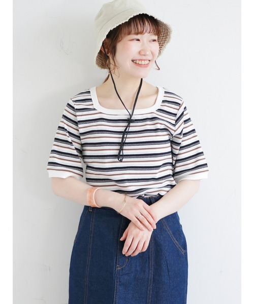 ehka sopo（エヘカソポ）の「マルチボーダースクエアネックカットソー（Tシャツ/カットソー・レディース・グリーン/オフホワイト/グレー/ブラウン・ﾌﾘ-）」の9枚目の写真