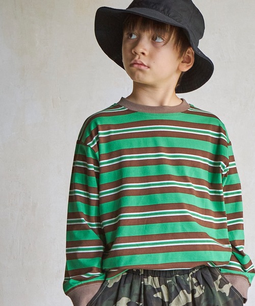 PAIRMANON STREET（ペアマノンストリート）の「【PAIRMANON STREET】マルチボーダーリブ付き長袖 Tシャツ（Tシャツ/カットソー・キッズ・ライトブルー/ブラウン系その他/グリーン系その他/ブルー系その他/イエロー系その他/バーガンディー/オレンジ系その他/ベージュ系その他2/グリーン系その他2/ブルー系その他2/ブルー系その他3/ブルー系その他4/ブラック×ホワイト/パープル系その他/ホワイト系その他/グレー系その他/グリーン系その他3・90/100/110/120/130/140/150）」の7枚目の写真