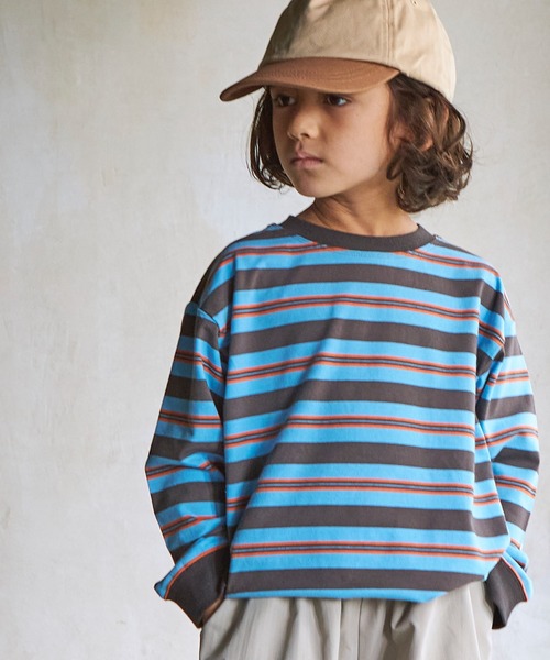 PAIRMANON STREET（ペアマノンストリート）の「【PAIRMANON STREET】マルチボーダーリブ付き長袖 Tシャツ（Tシャツ/カットソー・キッズ・ライトブルー/ブラウン系その他/グリーン系その他/ブルー系その他/イエロー系その他/バーガンディー/オレンジ系その他/ベージュ系その他2/グリーン系その他2/ブルー系その他2/ブルー系その他3/ブルー系その他4/ブラック×ホワイト/パープル系その他/ホワイト系その他/グレー系その他/グリーン系その他3・90/100/110/120/130/140/150）」の9枚目の写真