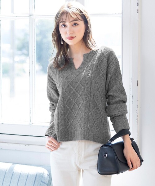 セール】【洗える】アラン柄キーネックニットトップス（ニット  