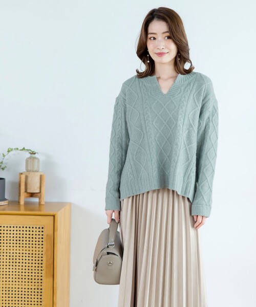 セール】【洗える】アラン柄キーネックニットトップス（ニット