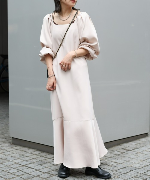 セール】ボリュームスリーブ裾フレアワンピース/マーメイドワンピース