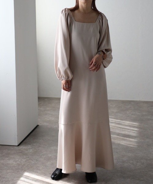 セール】ボリュームスリーブ裾フレアワンピース/マーメイドワンピース