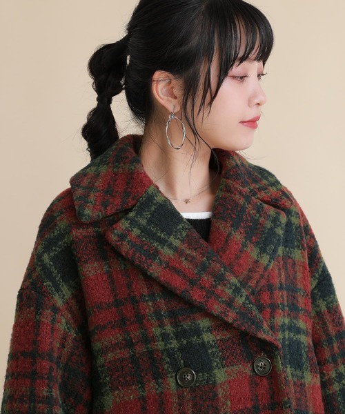 osharewalker（オシャレウォーカー）の「『チェック柄ブークレテーラードコート』（チェスターコート・レディース・ネイビー/レッド・FREE）」の5枚目の写真