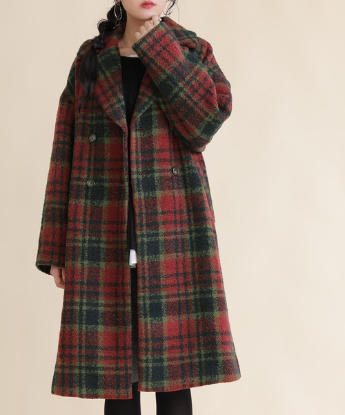 osharewalker（オシャレウォーカー）の「『チェック柄ブークレテーラードコート』（チェスターコート・レディース・ネイビー/レッド・FREE）」の7枚目の写真