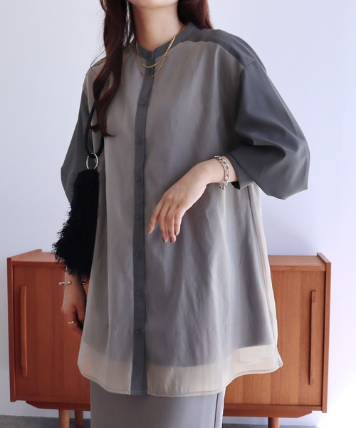 reca(レカ)の「オーガンジーレイヤードブラウス(シャツ/ブラウス・レディース・ブラック/ダークグリーン/グレイッシュベージュ/カーキブラウン/チャコールグレー/キャメル・M)」の21枚目の写真