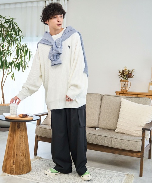 U.S. POLO ASSN.（ユーエスポロアッスン）の「∴WEGO/U.S. POLO ASSN.別注 畔編みニットプルオーバー【WEB限定】（ニット/セーター・メンズ・ベージュ/ブラック/杢グレー/オフホワイト・MEDIUM/LARGE）」の9枚目の写真