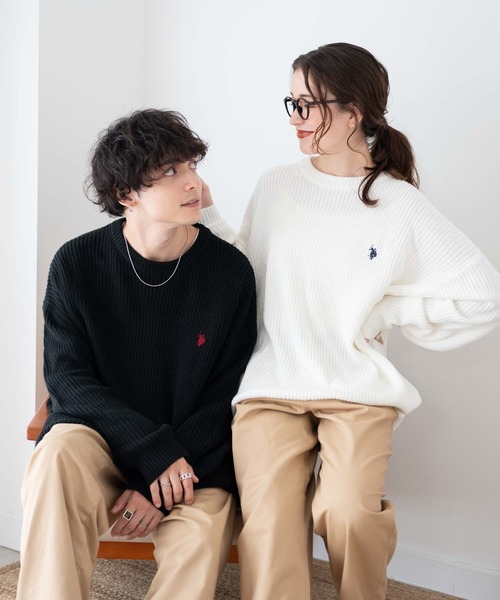 U.S. POLO ASSN.（ユーエスポロアッスン）の「∴WEGO/U.S. POLO ASSN.別注 畔編みニットプルオーバー【WEB限定】（ニット/セーター・メンズ・ベージュ/ブラック/杢グレー/オフホワイト・MEDIUM/LARGE）」の8枚目の写真