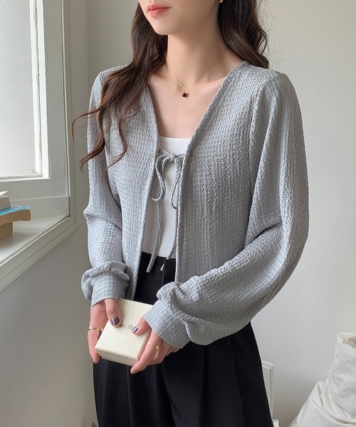 EPICKS（エピックス）の「前結びリボンカーディガン（カーディガン/ボレロ・レディース・グレー/ブラック/ホワイト・MEDIUM/LARGE）」の3枚目の写真