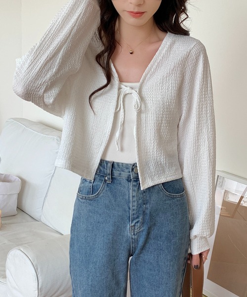 EPICKS（エピックス）の「前結びリボンカーディガン（カーディガン/ボレロ・レディース・グレー/ブラック/ホワイト・MEDIUM/LARGE）」の4枚目の写真