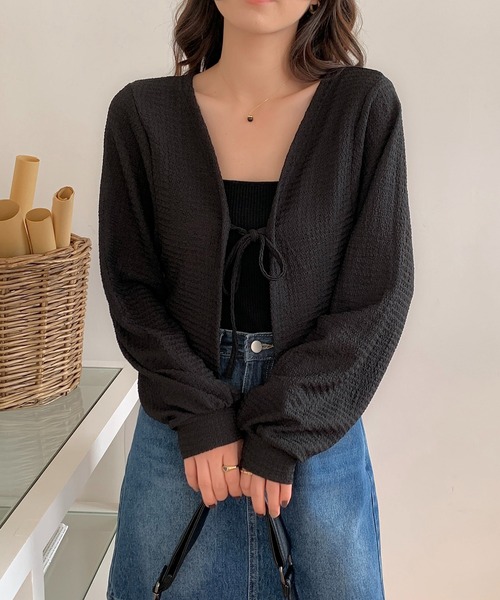 EPICKS（エピックス）の「前結びリボンカーディガン（カーディガン/ボレロ・レディース・グレー/ブラック/ホワイト・MEDIUM/LARGE）」の5枚目の写真