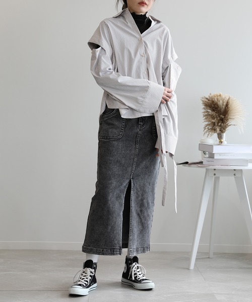 aimoha（アイモハ）の「2WAY袖取り外しオーバーシャツ（シャツ/ブラウス・レディース・ネイビー/ブルー/モカ/ブラック・FREE）」の2枚目の写真