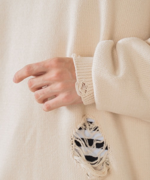 WEGO（ウィゴー）の「WEGO/ダメージニットプルオーバー（ニット/セーター・メンズ・ブラック/ベージュ・LARGE/MEDIUM）」の6枚目の写真