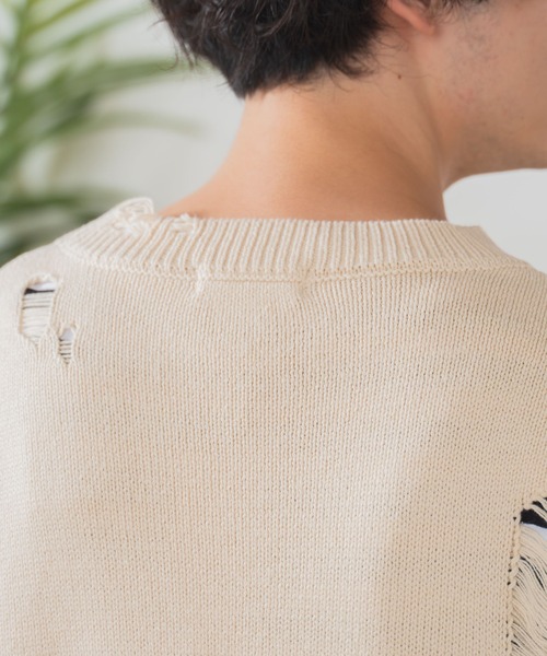 WEGO（ウィゴー）の「WEGO/ダメージニットプルオーバー（ニット/セーター・メンズ・ブラック/ベージュ・LARGE/MEDIUM）」の7枚目の写真