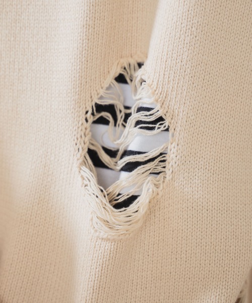 WEGO（ウィゴー）の「WEGO/ダメージニットプルオーバー（ニット/セーター・メンズ・ブラック/ベージュ・LARGE/MEDIUM）」の8枚目の写真