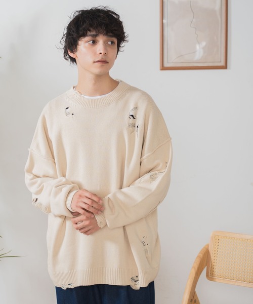 WEGO（ウィゴー）の「WEGO/ダメージニットプルオーバー（ニット/セーター・メンズ・ブラック/ベージュ・LARGE/MEDIUM）」の13枚目の写真