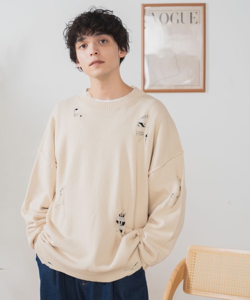 WEGO（ウィゴー）の「WEGO/ダメージニットプルオーバー（ニット/セーター・メンズ・ブラック/ベージュ・LARGE/MEDIUM）」の14枚目の写真