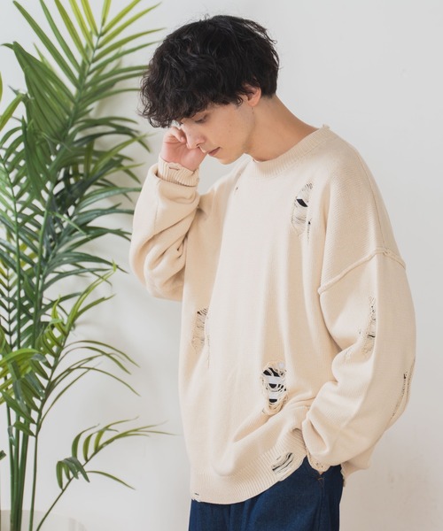 WEGO（ウィゴー）の「WEGO/ダメージニットプルオーバー（ニット/セーター・メンズ・ブラック/ベージュ・LARGE/MEDIUM）」の15枚目の写真