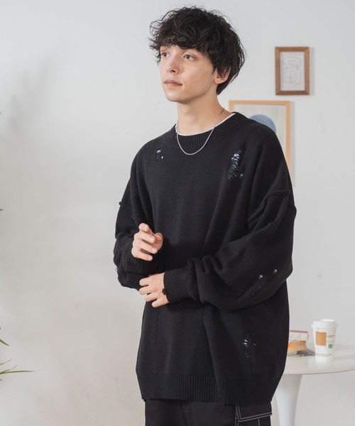 WEGO（ウィゴー）の「WEGO/ダメージニットプルオーバー（ニット/セーター・メンズ・ブラック/ベージュ・LARGE/MEDIUM）」の10枚目の写真