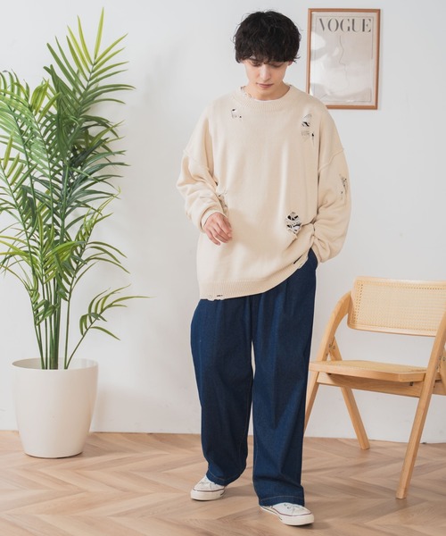 WEGO（ウィゴー）の「WEGO/ダメージニットプルオーバー（ニット/セーター・メンズ・ブラック/ベージュ・LARGE/MEDIUM）」の4枚目の写真