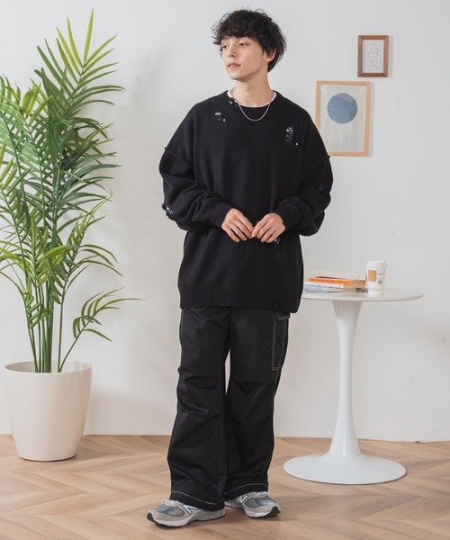 WEGO（ウィゴー）の「WEGO/ダメージニットプルオーバー（ニット/セーター・メンズ・ブラック/ベージュ・LARGE/MEDIUM）」の3枚目の写真