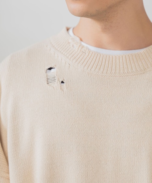 WEGO（ウィゴー）の「WEGO/ダメージニットプルオーバー（ニット/セーター・メンズ・ブラック/ベージュ・LARGE/MEDIUM）」の5枚目の写真