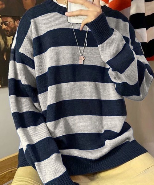 Anchor Smith（アンカー スミス）の「ワイドボーダールーズクルーネックニット（ニット/セーター・メンズ・グリーン系/オレンジ/イエロー系2/ブラック/ライトグレー系/ネイビー/ワイン系/イエロー系/グレー系/イエロー系1/グリーン・L/XL/M）」の3枚目の写真