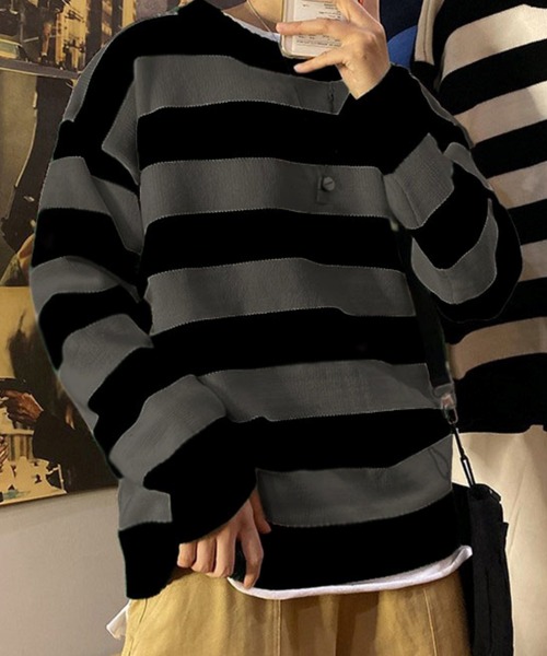 Anchor Smith（アンカー スミス）の「ワイドボーダールーズクルーネックニット（ニット/セーター・メンズ・グリーン系/オレンジ/イエロー系2/ブラック/ライトグレー系/ネイビー/ワイン系/イエロー系/グレー系/イエロー系1/グリーン・L/XL/M）」の4枚目の写真