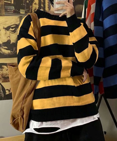 Anchor Smith（アンカー スミス）の「ワイドボーダールーズクルーネックニット（ニット/セーター・メンズ・グリーン系/オレンジ/イエロー系2/ブラック/ライトグレー系/ネイビー/ワイン系/イエロー系/グレー系/イエロー系1/グリーン・L/XL/M）」の8枚目の写真