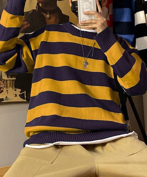 Anchor Smith（アンカー スミス）の「ワイドボーダールーズクルーネックニット（ニット/セーター・メンズ・グリーン系/オレンジ/イエロー系2/ブラック/ライトグレー系/ネイビー/ワイン系/イエロー系/グレー系/イエロー系1/グリーン・L/XL/M）」の9枚目の写真
