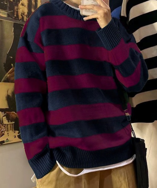 Anchor Smith（アンカー スミス）の「ワイドボーダールーズクルーネックニット（ニット/セーター・メンズ・グリーン系/オレンジ/イエロー系2/ブラック/ライトグレー系/ネイビー/ワイン系/イエロー系/グレー系/イエロー系1/グリーン・L/XL/M）」の10枚目の写真