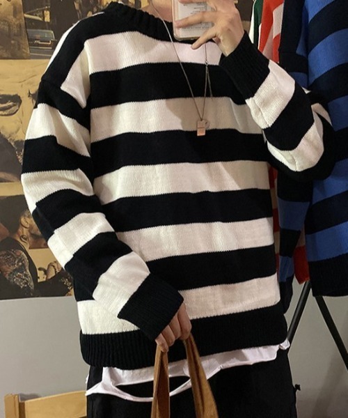 Anchor Smith（アンカー スミス）の「ワイドボーダールーズクルーネックニット（ニット/セーター・メンズ・グリーン系/オレンジ/イエロー系2/ブラック/ライトグレー系/ネイビー/ワイン系/イエロー系/グレー系/イエロー系1/グリーン・L/XL/M）」の2枚目の写真