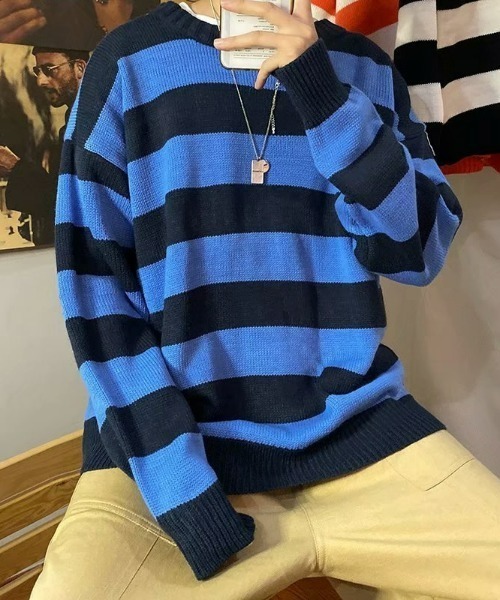 Anchor Smith（アンカー スミス）の「ワイドボーダールーズクルーネックニット（ニット/セーター・メンズ・グリーン系/オレンジ/イエロー系2/ブラック/ライトグレー系/ネイビー/ワイン系/イエロー系/グレー系/イエロー系1/グリーン・L/XL/M）」の16枚目の写真